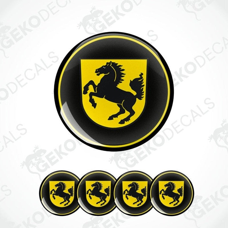 A set of four yellow and black vinyl stickers with a PORSCHE logo, designed for use as car decals.