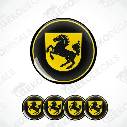 A set of four yellow and black vinyl stickers with a PORSCHE logo, designed for use as car decals.