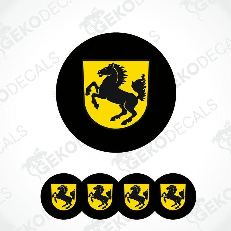 A set of four yellow and black vinyl stickers with a PORSCHE logo, designed for use as car decals.