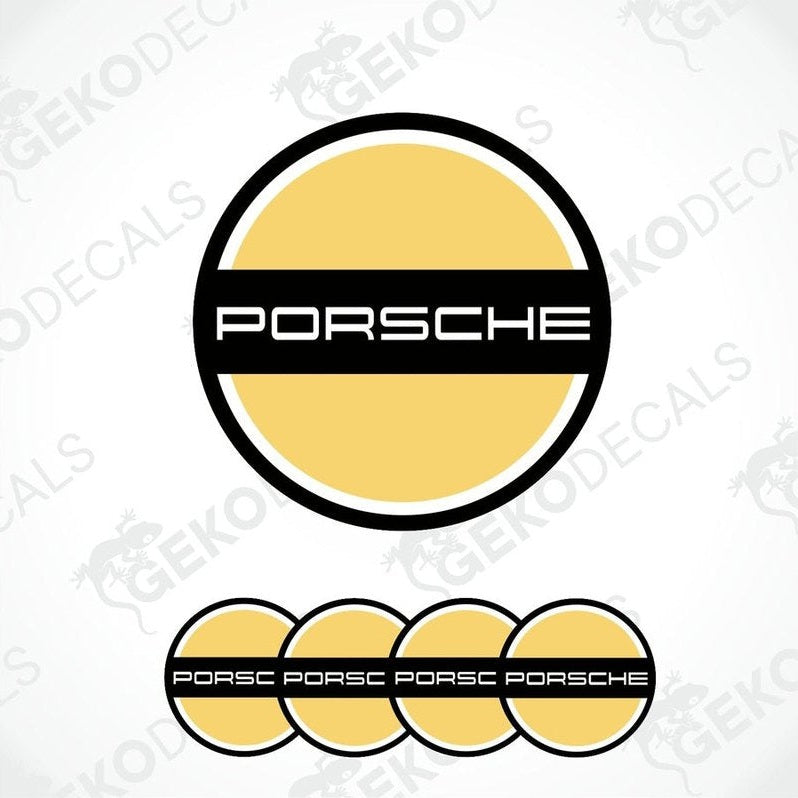 A set of four PORSCHE branded vinyl stickers with a yellow and black design and a polyurethane coating.