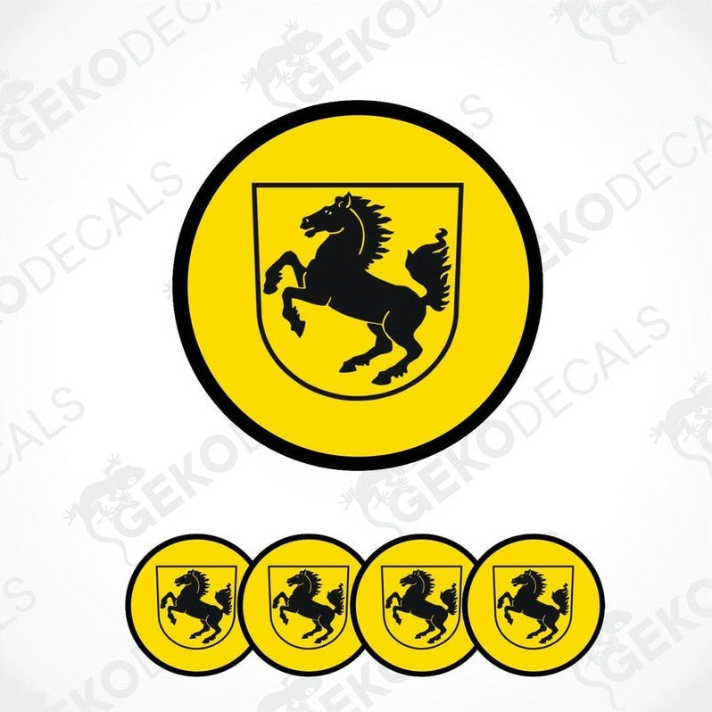 A set of four yellow vinyl decals with a black PORSCHE emblem, designed to be affixed to a vehicle's surface.