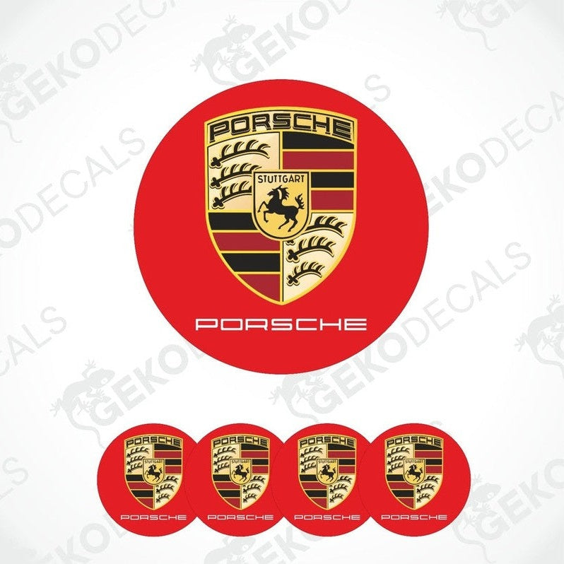 A set of four red vinyl stickers with a Porsche logo and the word 'Porsche' written on each sticker.