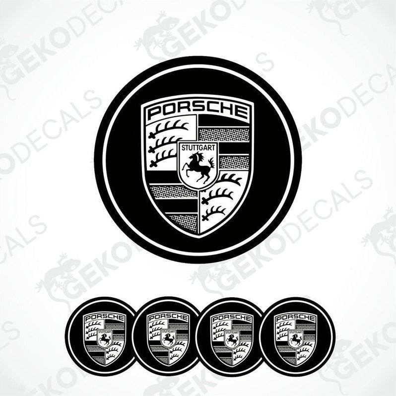 A set of four black vinyl stickers with a PORSCHE logo design, displayed against a white background.