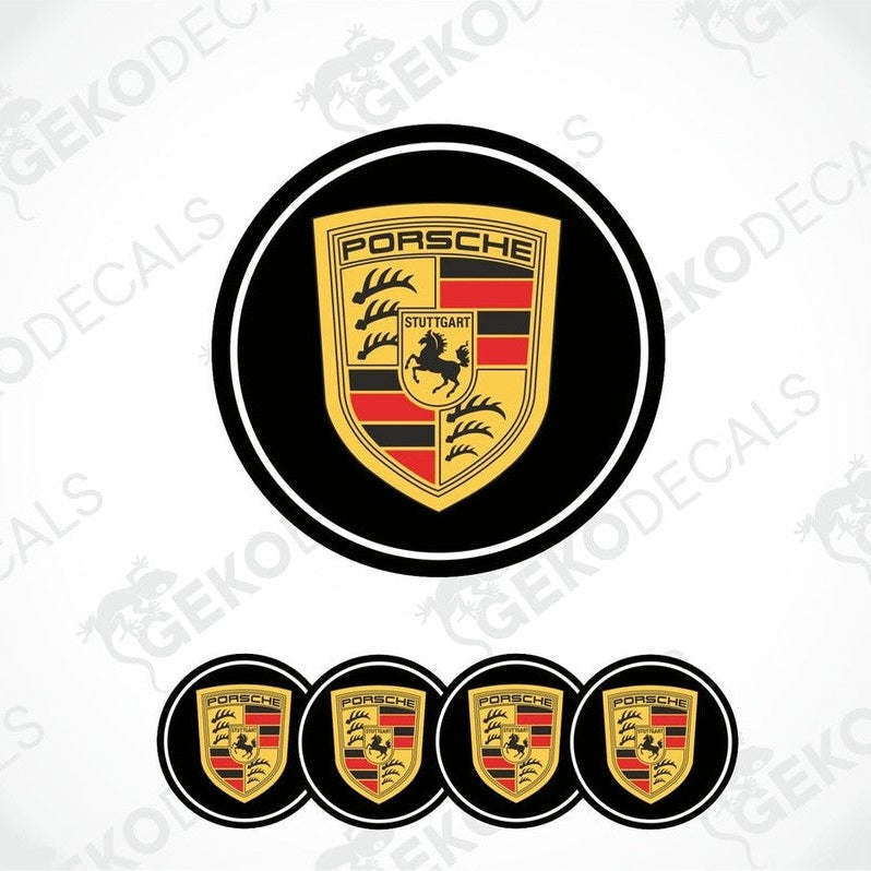 A set of four black vinyl stickers with the PORSCHE logo in the center, arranged in a stacked layout.