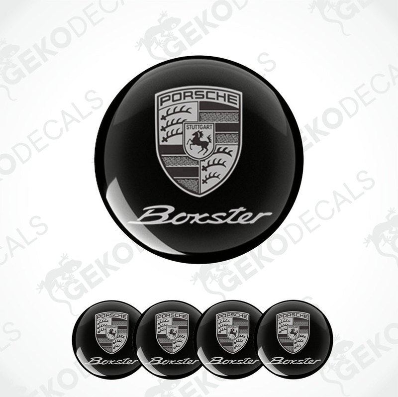 A set of four black vinyl stickers with the Porsche Boxster logo and the GeckoDecals logo.