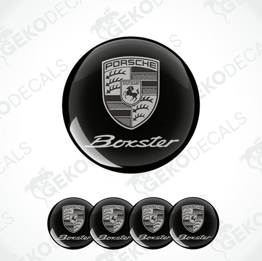 A set of four black vinyl stickers with the Porsche Boxster logo and the GeckoDecals logo.