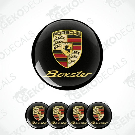 Set of vinyl decals with the Porsche Boxster logo, including one large emblem and four smaller ones, displayed on a white background.