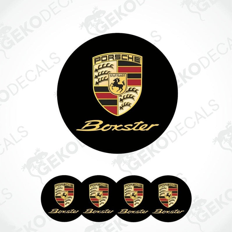 Set of vinyl decals with the Porsche Boxster logo, including one large emblem and four smaller ones, displayed on a white background.