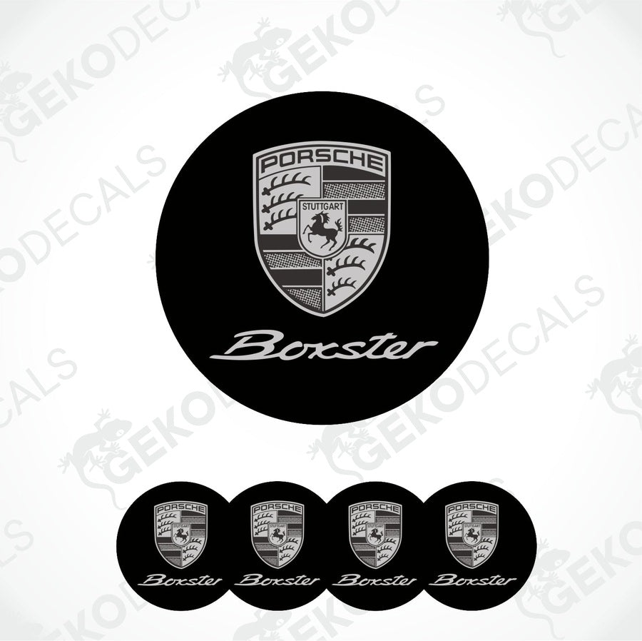 A set of four black vinyl stickers with the Porsche Boxster logo and the GeckoDecals logo.