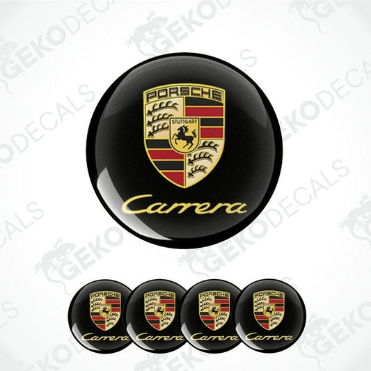 Set of vinyl decals with the Porsche Carrera logo, including one large emblem and four smaller ones, displayed on a white background.