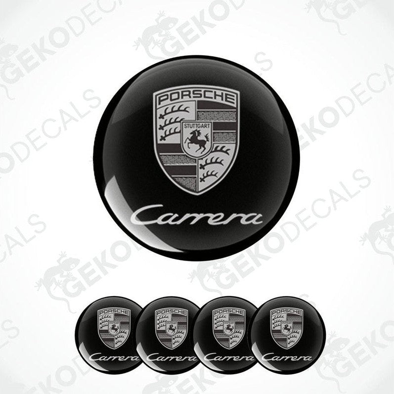 A set of four black vinyl stickers with the Porsche Carrera logo, designed for use as car decals.