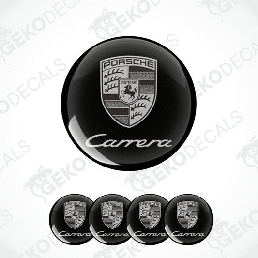 A set of four black vinyl stickers with the Porsche Carrera logo, designed for use as car decals.