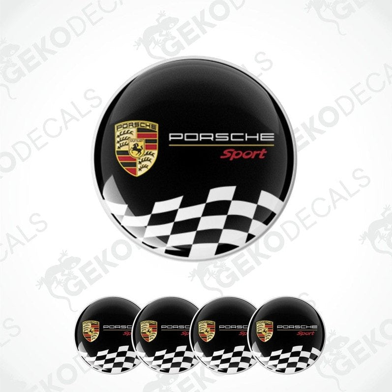 A set of four black, white, and red checkered PORSCHE Sport vinyl stickers with a polyurethane coating.