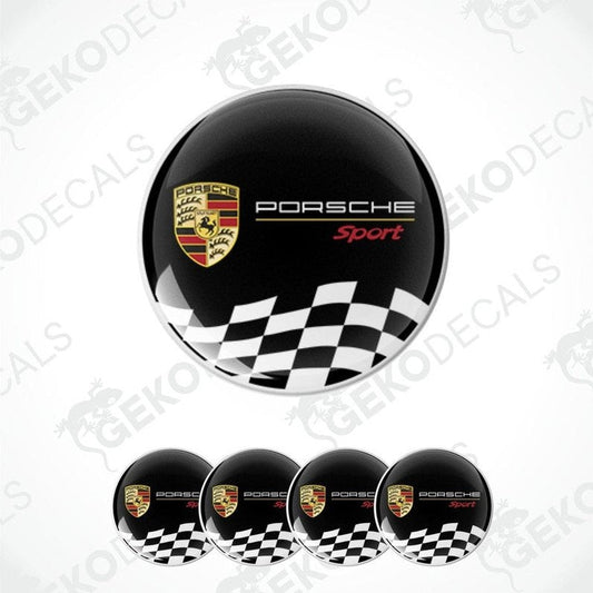 A set of four black, white, and red checkered PORSCHE Sport vinyl stickers with a polyurethane coating.