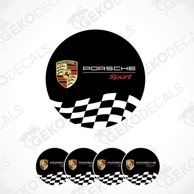 A set of four black, white, and red checkered PORSCHE Sport vinyl stickers with a polyurethane coating.