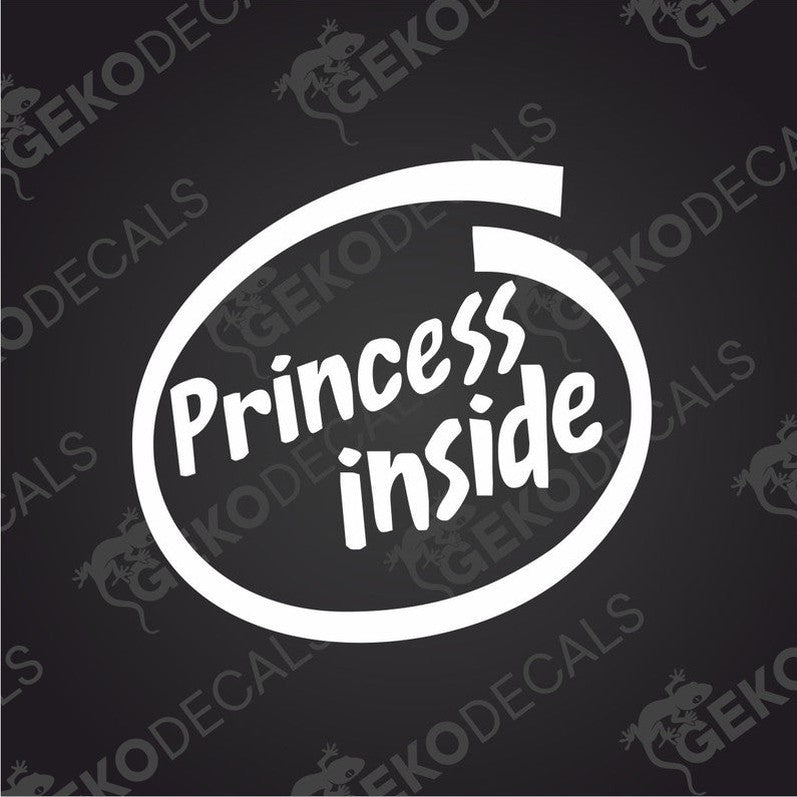 White text decal with the phrase 'Princess inside' enclosed in an oval shape, with no background color.