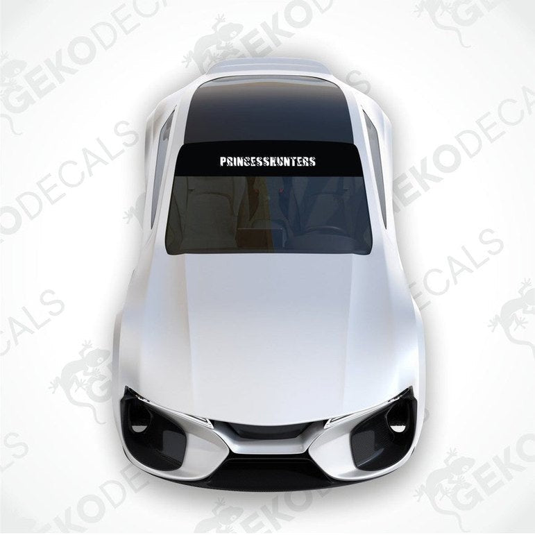 Black car windshield sun visor with white text PRINCESSHUNTERS