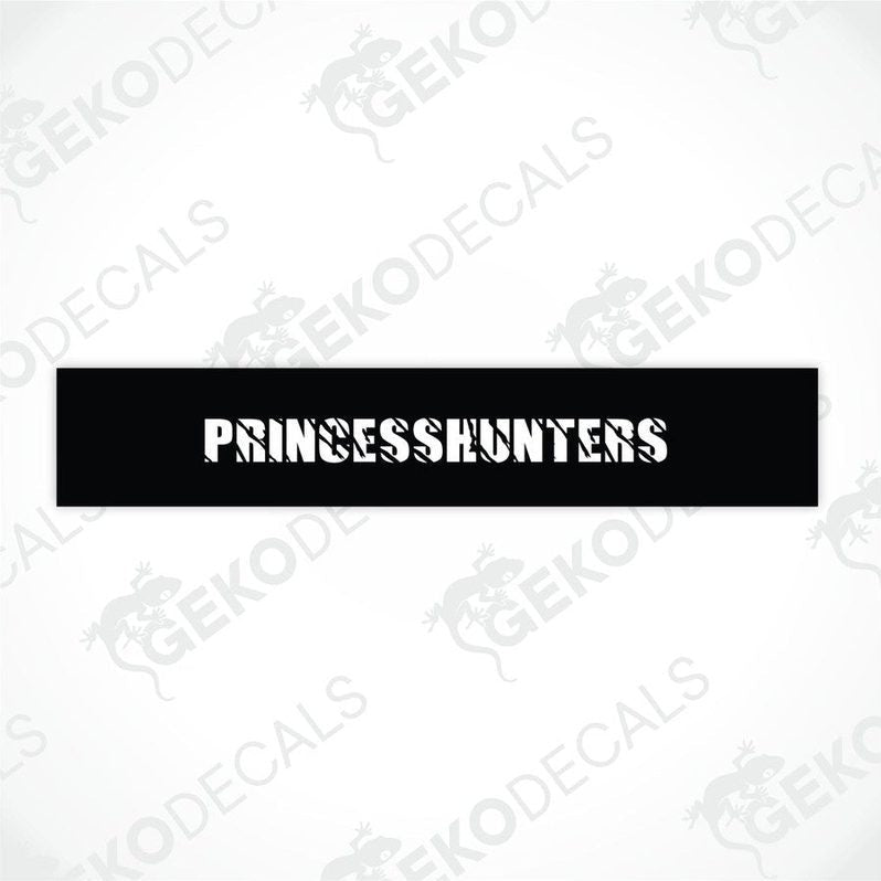 Black car windshield sun visor with white text PRINCESSHUNTERS