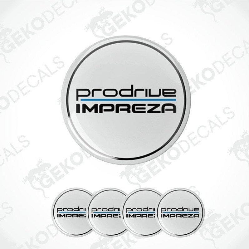 A set of four PRODRIVE Impreza branded vinyl stickers with a polyurethane coating, intended for use on car wheels.