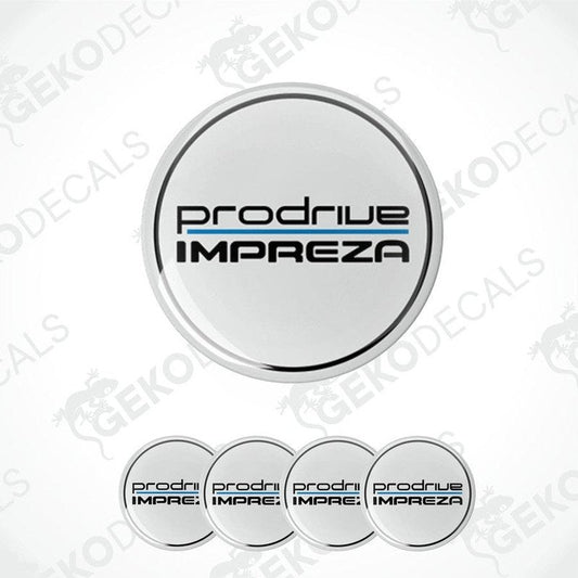 A set of four PRODRIVE Impreza branded vinyl stickers with a polyurethane coating, intended for use on car wheels.