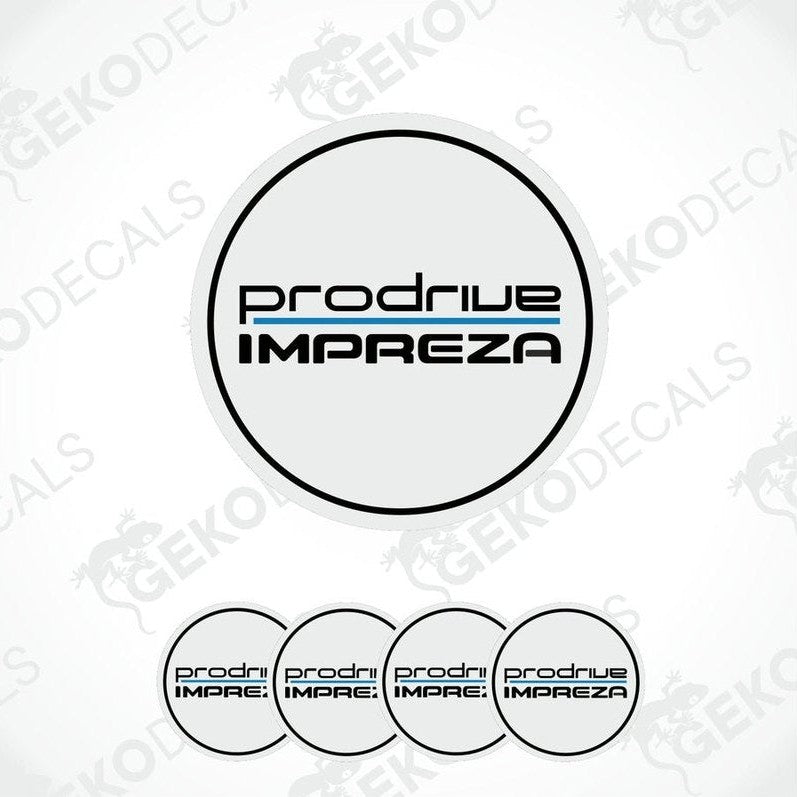 A set of four PRODRIVE Impreza branded vinyl stickers with a polyurethane coating, intended for use on car wheels.