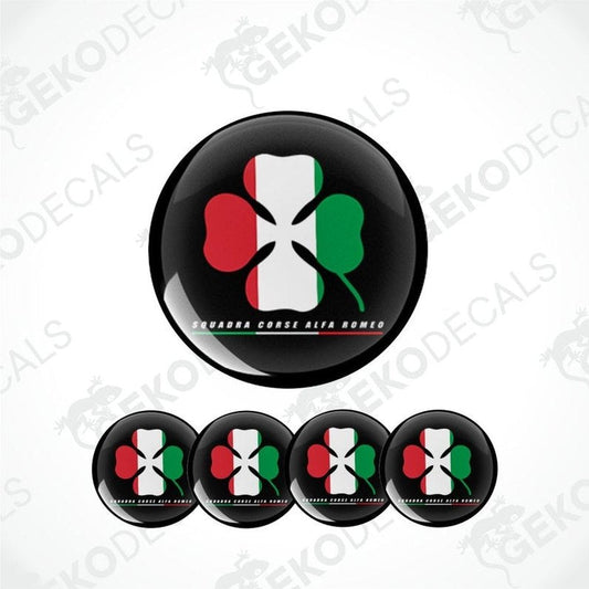 A set of four vinyl decals featuring the Quadrifoglio logo in green, red, and white on a black background, intended for use on vehicles.