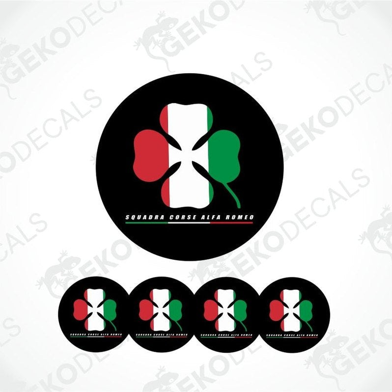 A set of four vinyl decals featuring the Quadrifoglio logo in green, red, and white on a black background, intended for use on vehicles.