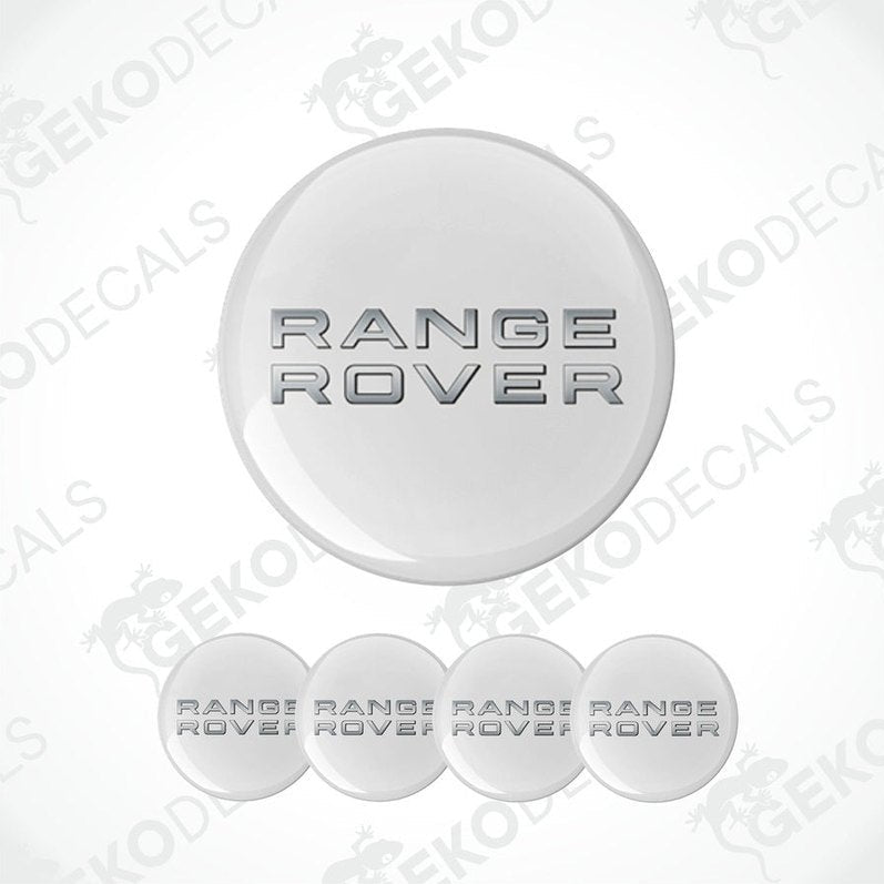A set of four white vinyl decals with the text 'RANGE ROVER' on each, presented against a white background.