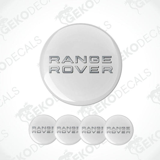 A set of four white vinyl decals with the text 'RANGE ROVER' on each, presented against a white background.