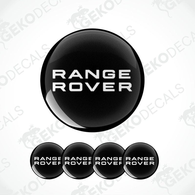 A set of four black vinyl stickers with the white logo'RANGE ROVER' 