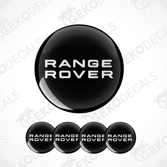 A set of four black vinyl stickers with the white logo'RANGE ROVER' 