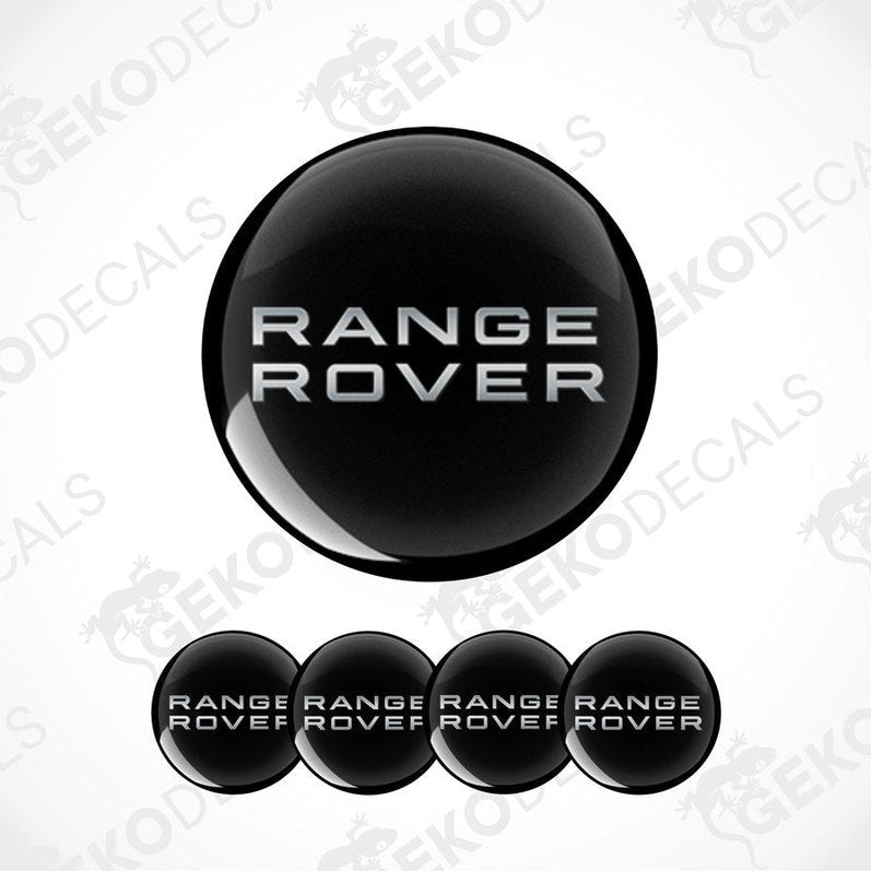 A set of four black vinyl stickers with the grey metallic word 'RANGE ROVER' printed on them, arranged in a circular pattern.