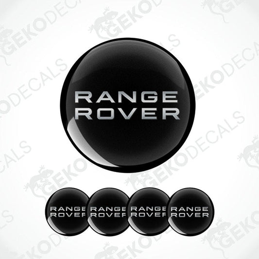 A set of four black vinyl stickers with the grey metallic word 'RANGE ROVER' printed on them, arranged in a circular pattern.