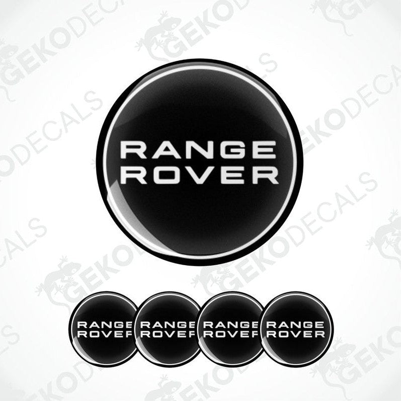 A set of four black vinyl stickers with the white logo'RANGE ROVER' 