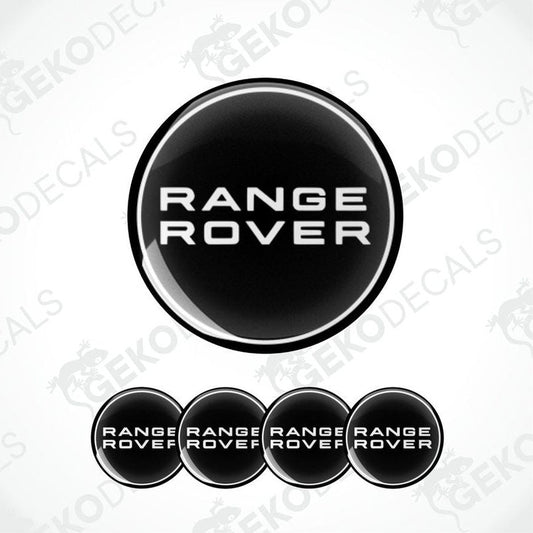 A set of four black vinyl stickers with the white logo'RANGE ROVER' 