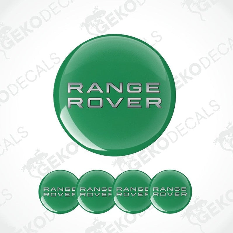 A set of four green vinyl stickers with the text 'RANGE ROVER' and a branding logo on them.