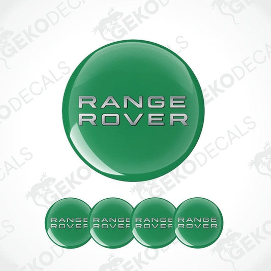 A set of four green vinyl stickers with the text 'RANGE ROVER' and a branding logo on them.
