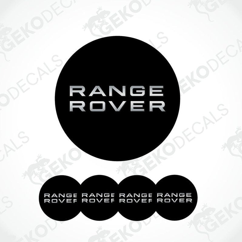 A set of four black vinyl stickers with the white logo'RANGE ROVER' 