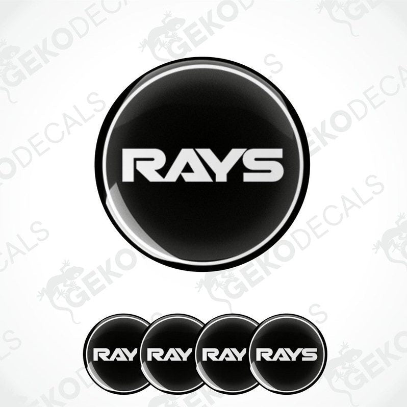 A set of four black vinyl stickers with the word 'RAYS' printed on them, arranged in a circular pattern with a white background.