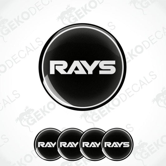 A set of four black vinyl stickers with the word 'RAYS' printed on them, arranged in a circular pattern with a white background.