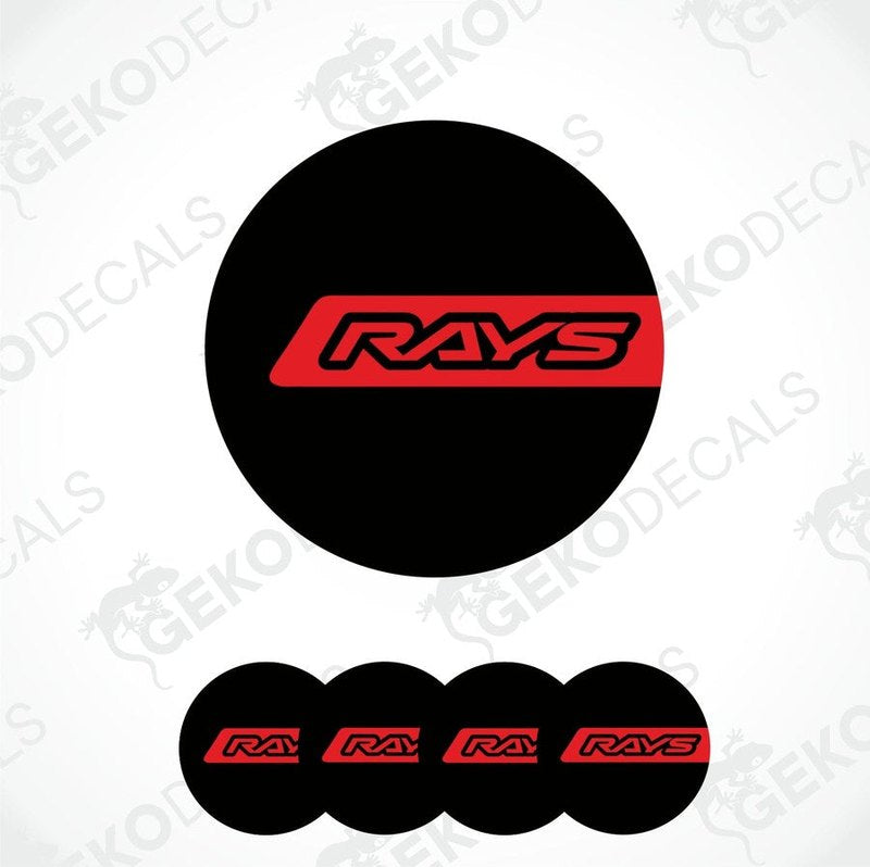 A set of four black vinyl stickers with the word 'RAYS' written in red and white.