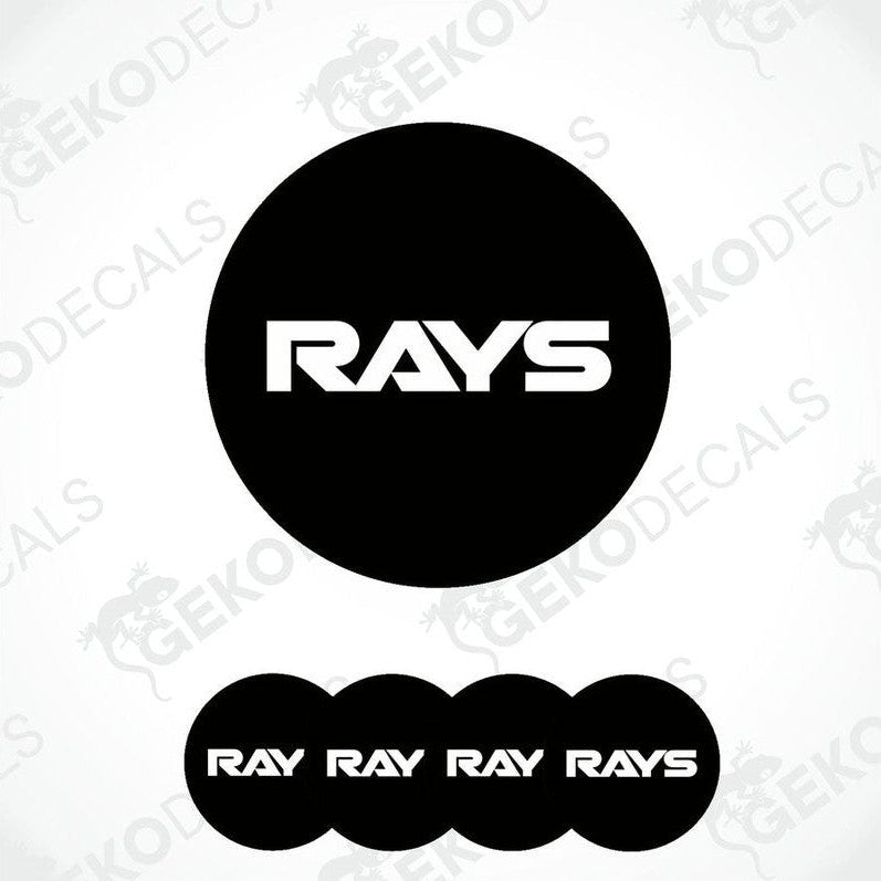 A set of black vinyl decals with the text 'RAYS' on them, typically used as car wheel caps.