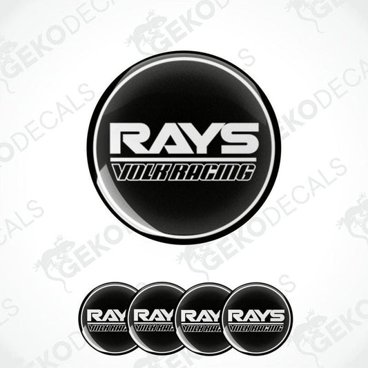 A set of four black vinyl stickers with the text 'RAYS VOLK RACING' in white.