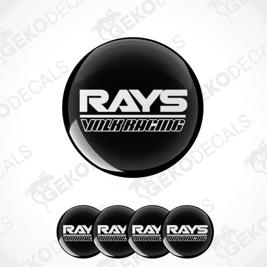 A set of four black vinyl stickers with the text 'RAYS VOLK RACING' in white.