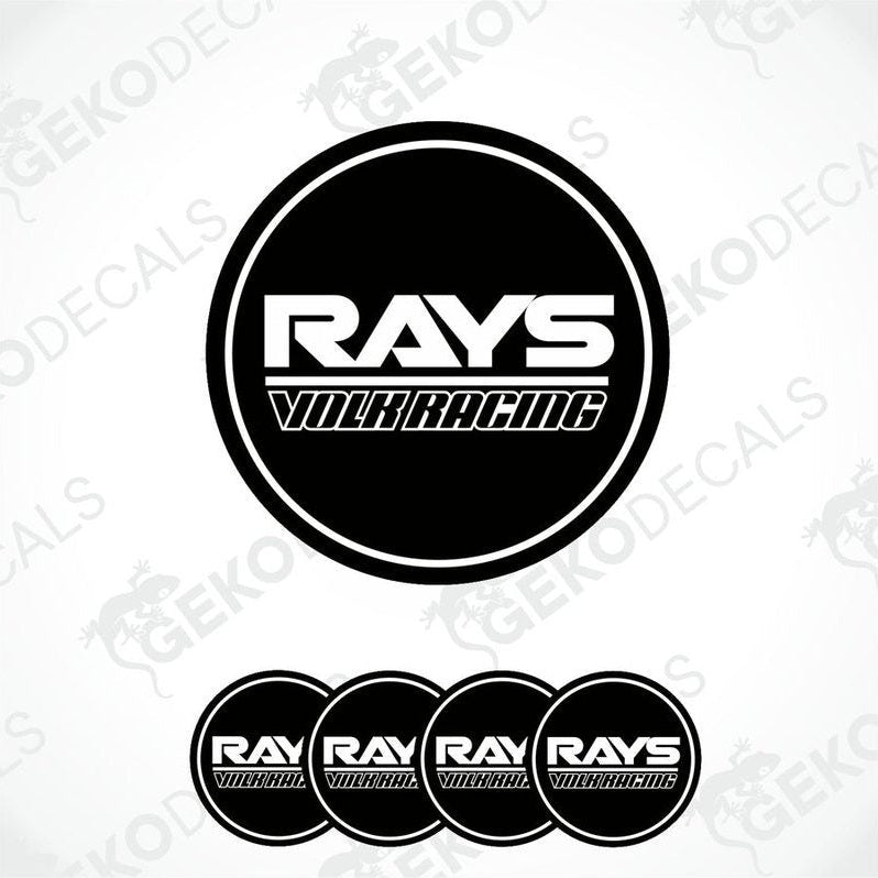 A set of four black vinyl stickers with the text 'RAYS VOLK RACING' in white.