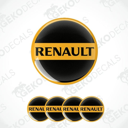 A set of four vinyl decals for RENAULT vehicles, featuring a black and yellow design with the text 'RENAULT' displayed prominently.