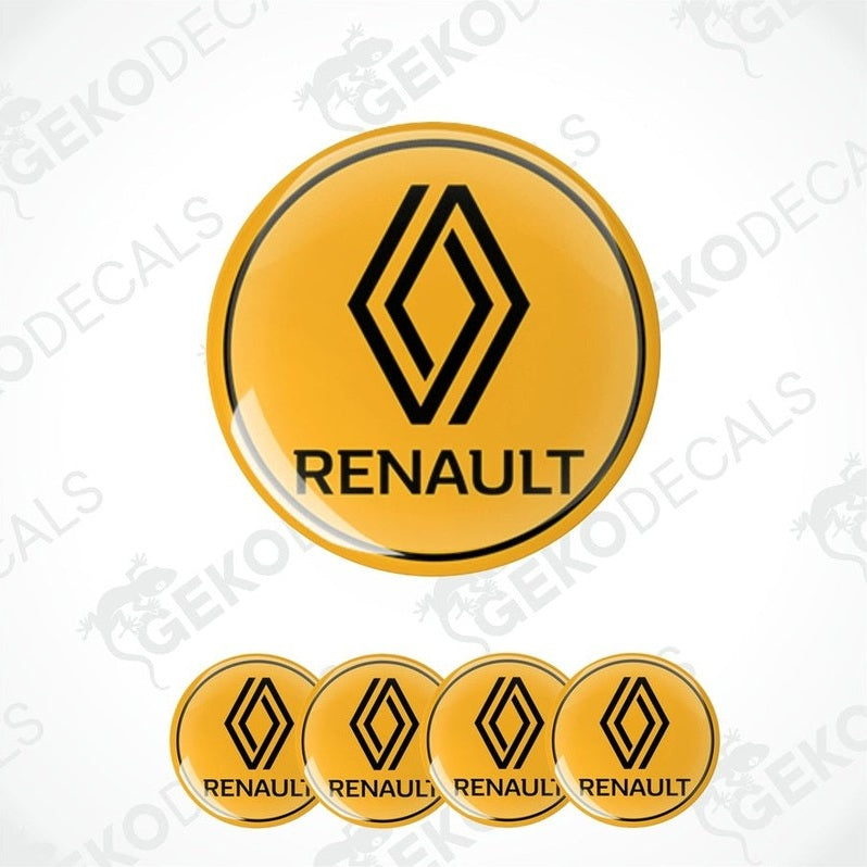 A set of four yellow vinyl stickers with the RENAULT brand logo on them.