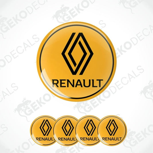 A set of four yellow vinyl stickers with the RENAULT brand logo on them.