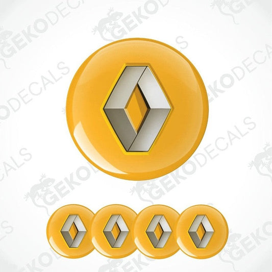 A set of four vinyl decals with a polyurethane coating featuring the RENAULT logo in yellow and black colors.