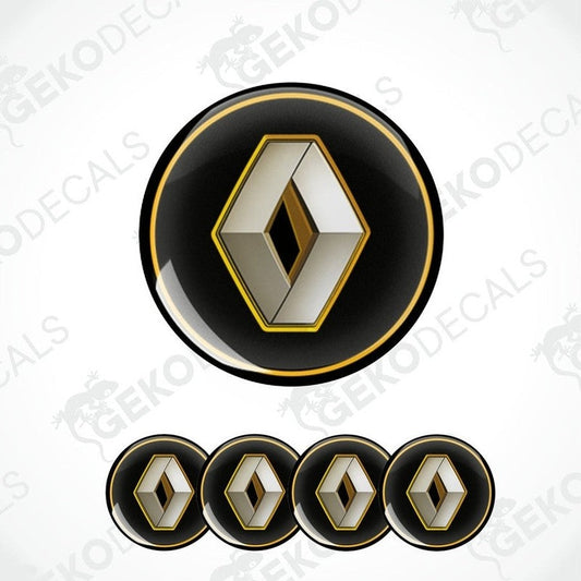 A set of four black and silver RENAULT branded vinyl stickers with a dome shape and a shiny finish.
